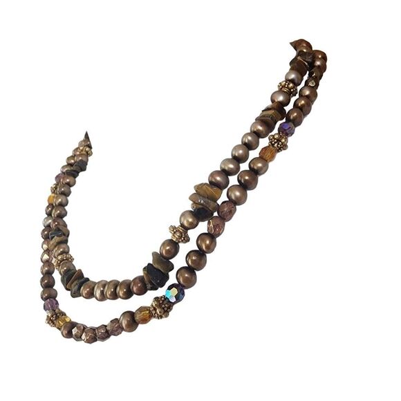 Maya Genuine Copper Pearl, Tiger's Eye Chip, & Crystal Multilayer Necklace - Picture 3 of 5